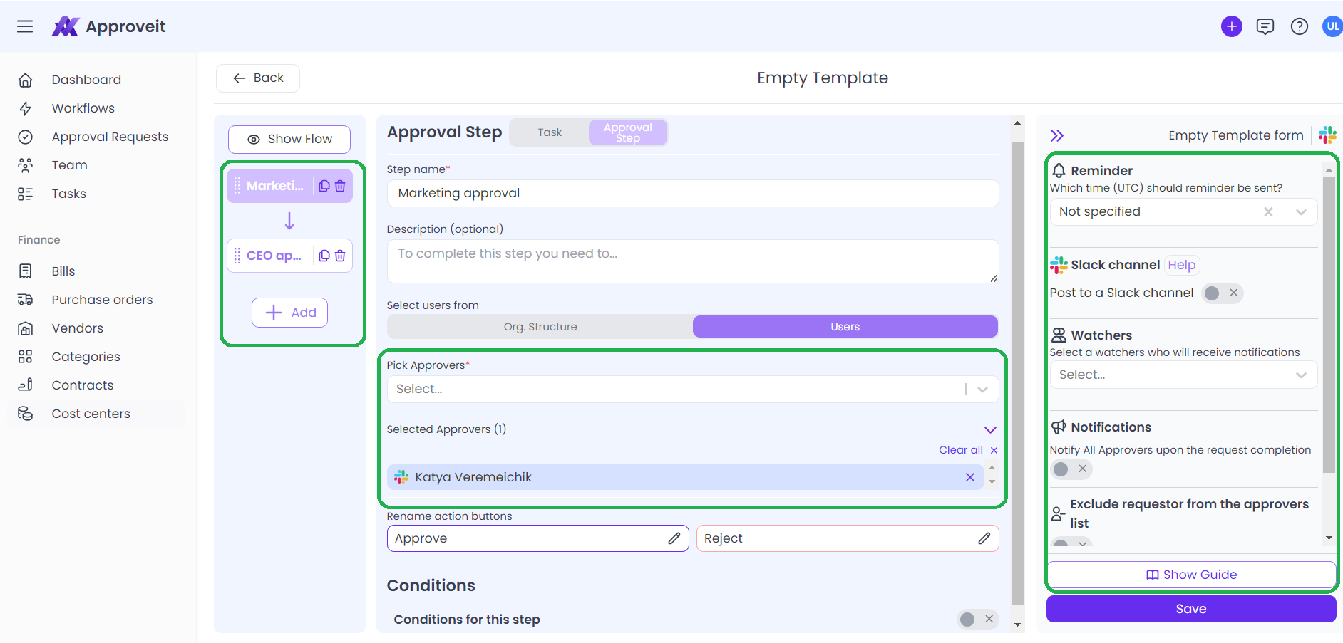 Approval steps configuration