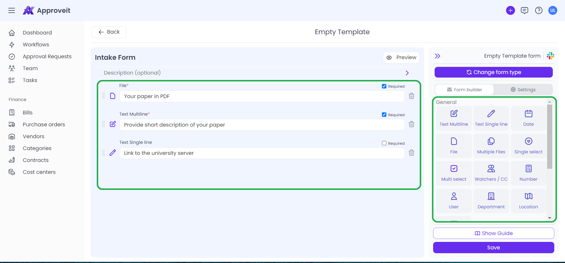 Intake form builder