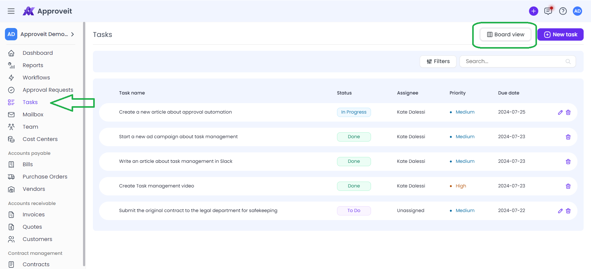 Tasks list view with The Board View button highlighted