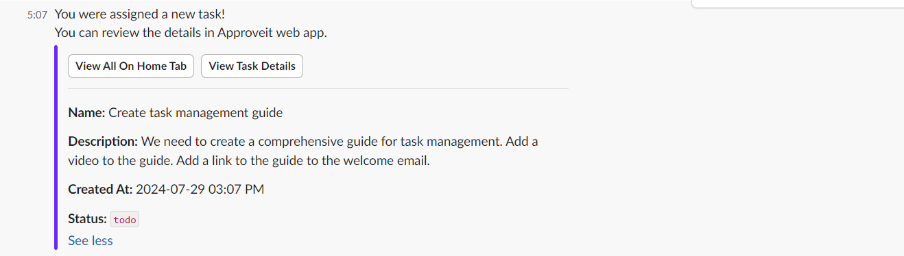 Example of how Slack notificatin about a new task looks